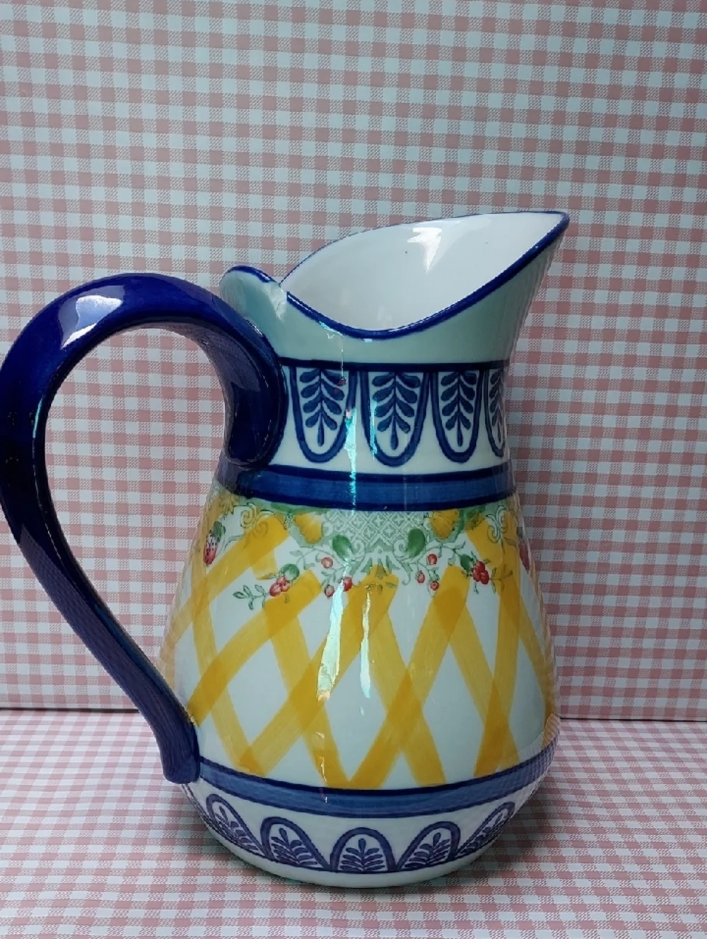 Blue Yellow Strawberry Hand Painted Ceramic Set Pitcher Sugar Bowl Creamer Mug - Picture 3 of 10